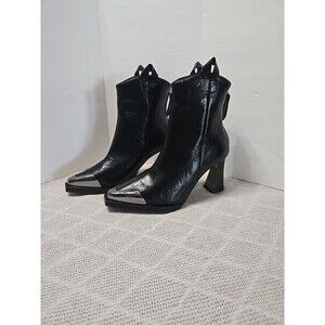 Metal Square Toe Chunky Heels Ankle Boots Sz 40 Back Zip Cosplay Flirty Femenine